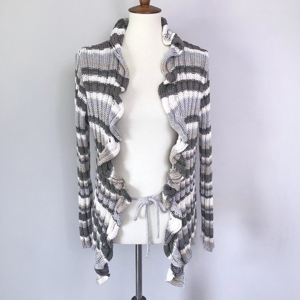 La Seine Multicolor Striped Ruffle Ribbed Knit Cardigan